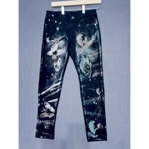 Black skinny jeans with galaxy print, butterflies, flowers, & rhinestones sz 28